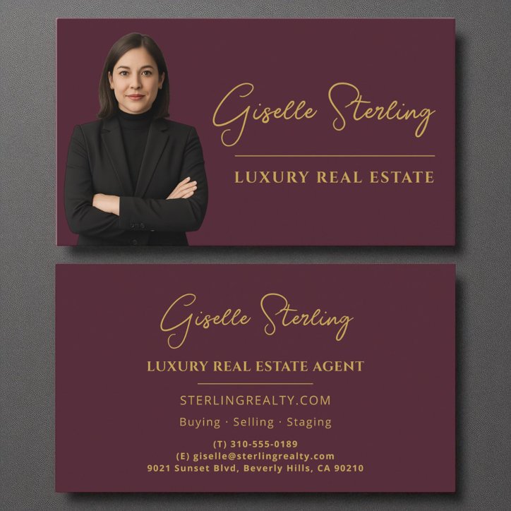 Luxury Real Estate Burgundy Gold Script Business Card
