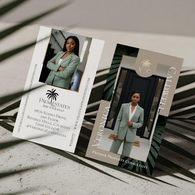 Luxury Real Estate Firm Palm Tree Monogram Photo Business Card (Elegant Luxury Tropical Palm Tree Monogram Photo Business Card)