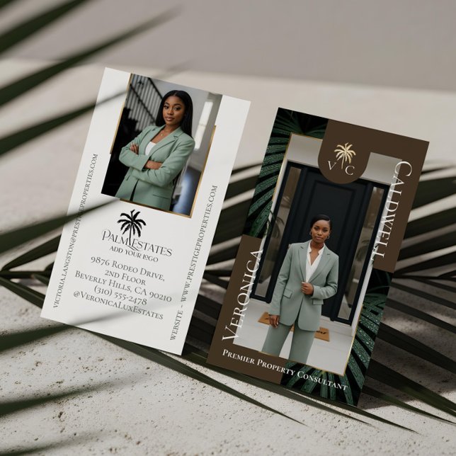 Luxury Real Estate Firm Palm Tree Monogram Photo Business Card (Elegant Luxury Tropical Palm Tree Monogram Photo Business Card)
