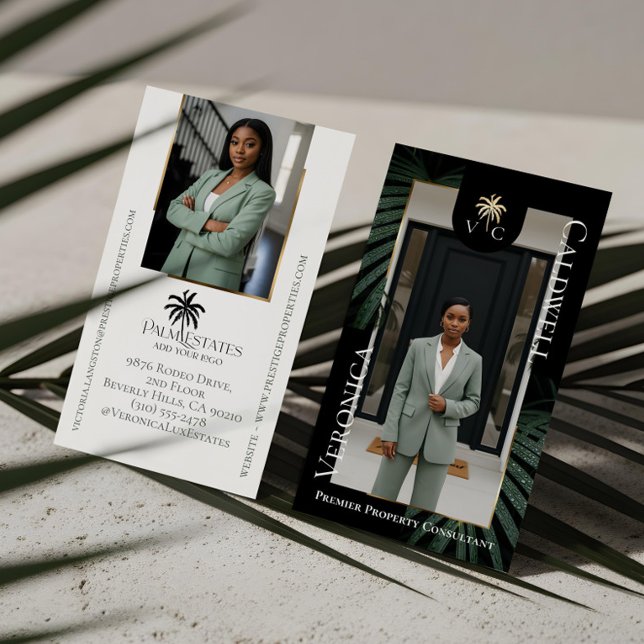 Luxury Real Estate Firm Palm Tree Monogram Photo Business Card (Elegant Luxury Tropical Palm Tree Monogram Photo Business Card)
