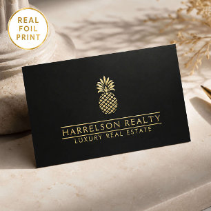 Luxury Real Estate Gold Foil Pineapple Logo Black Business Cards