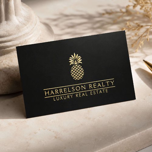 Luxury Real Estate Gold Foil Pineapple Logo Black Business Cards
