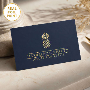 Luxury Real Estate Gold Foil Pineapple Logo Navy Business Cards