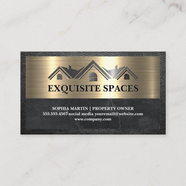 Luxury Real Estate | Gold Metallic | Leather Trim Business Card (Front)
