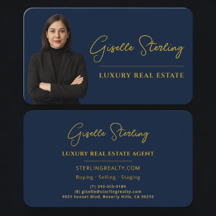 Luxury Real Estate Navy Blue Gold Script  Business Card