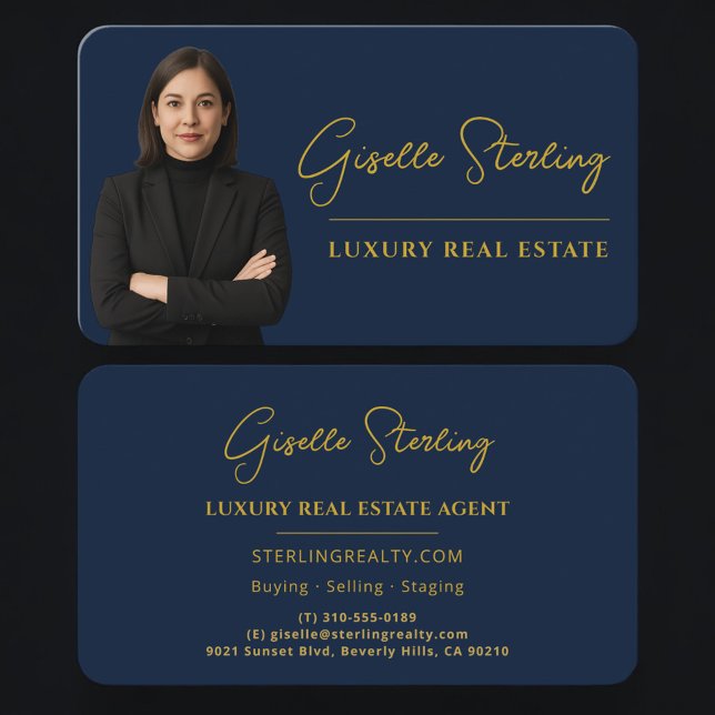 Luxury Real Estate Navy Blue Gold Script  Business Card (Creator Uploaded)