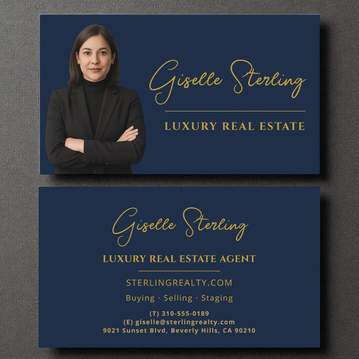 Luxury Real Estate Navy Blue Gold Script Business Card
