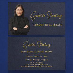 Luxury Real Estate Navy Blue Gold Stone Slate Business Card