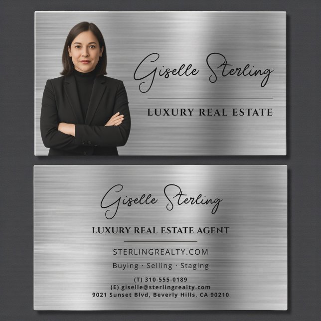 Luxury Real Estate Silver Faux Metallic Script Business Card (Creator Uploaded)