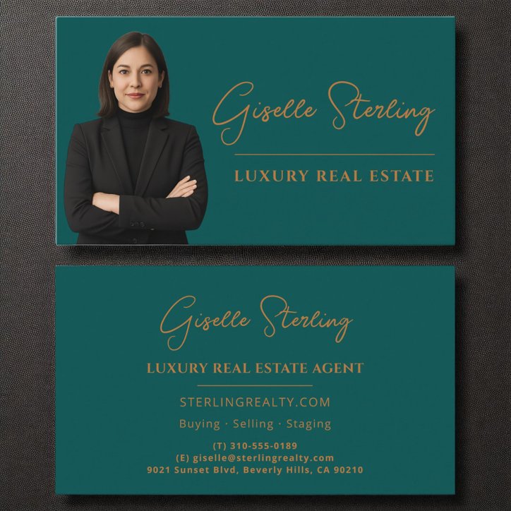 Luxury Real Estate Teal Copper Script Business Card