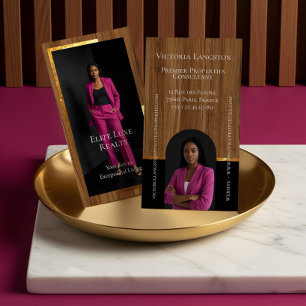 Luxury Real Estate Woodgrain & Gold Arch Photo Business Card