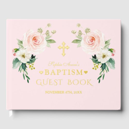 Luxury Real Foil Pink Blush Flowers Girl Baptism Foil Guest Book