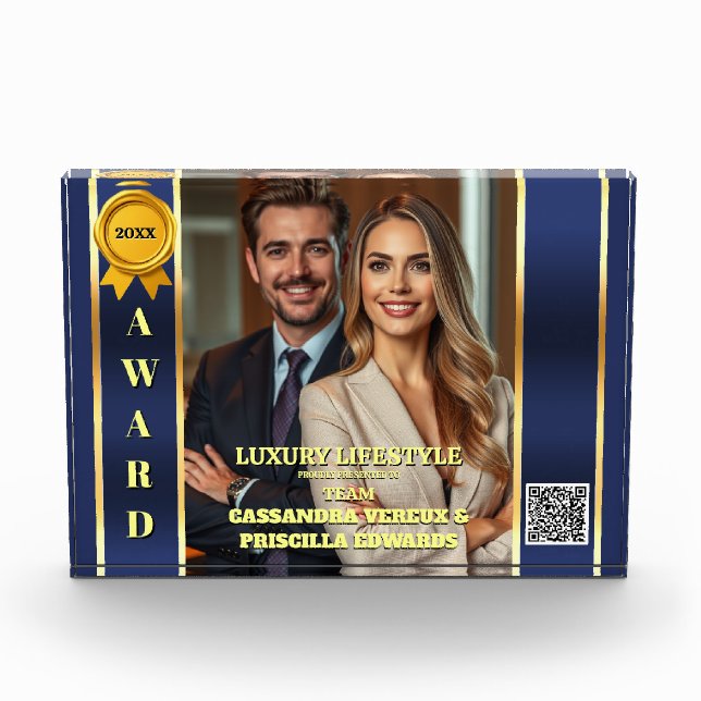Luxury realtor achievement blue gold photo year acrylic award (Front)