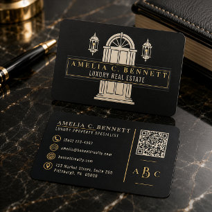 Luxury Realtor Architectural Doorway Black Gold Foil Spot Gloss Business Cards