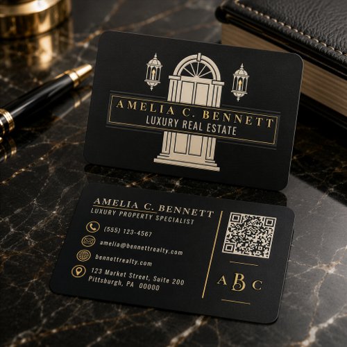 Luxury Realtor Architectural Doorway Black Gold Foil Spot Gloss Business Cards