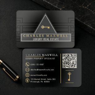 Luxury Realtor Art Deco Black Gold Key Foil Spot Gloss Business Cards
