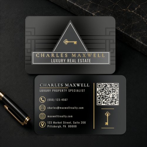 Luxury Realtor Art Deco Black Gold Key Foil Spot Gloss Business Cards