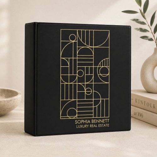 Luxury Realtor Art Deco Geometric Black/Gold 3 Ring Binder
