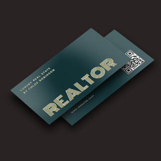 Luxury Realtor Bold Unique QR Code Teal Foil Business Cards