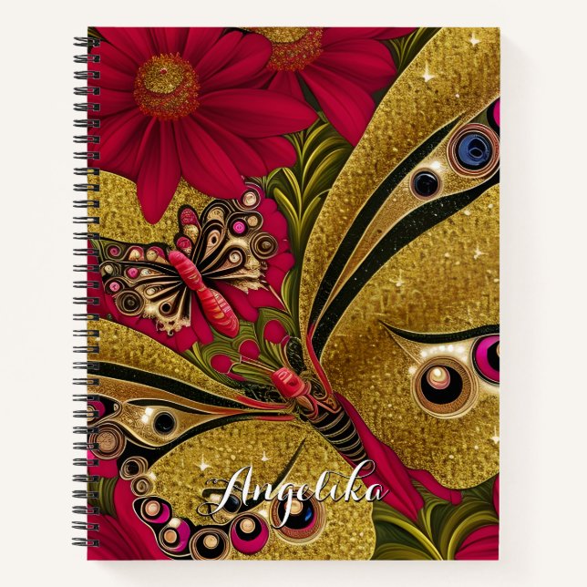 Luxury Red and Gold Butterfly Custom Name Notebook (Front)