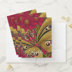 Luxury Red and Gold Butterfly Custom Name Pocket Folder