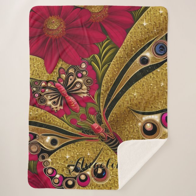 Luxury Red and Gold Butterfly Custom Name Sherpa Blanket (Front)