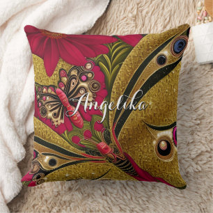 Luxury Red and Gold Butterfly Custom Name Throw Pillow