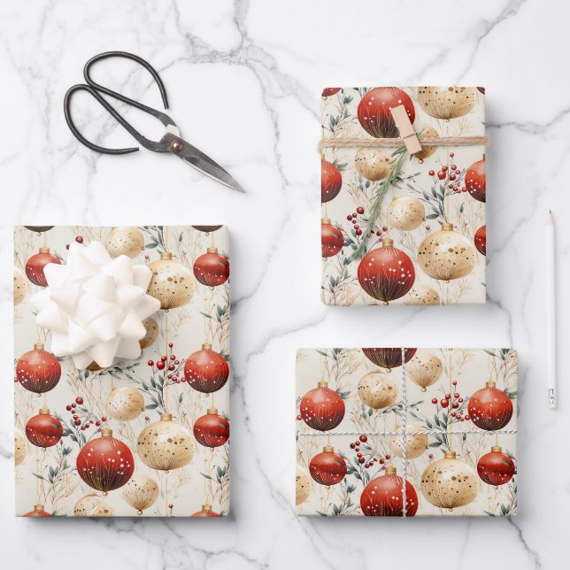 Luxury red and gold Christmas baubles and stars Wrapping Paper Sheets (Front)