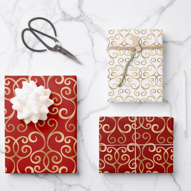  LUXURY RED AND GOLD CHRISTMAS DAMASK PERSONALIZED WRAPPING PAPER SHEETS (Front)