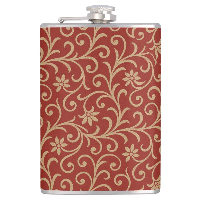 Luxury Red and Gold Damask Floral Scroll  Flask (Front)