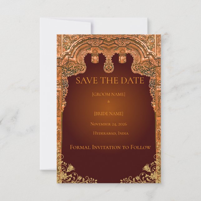 Luxury Red and Gold Save the Date Card (Front)