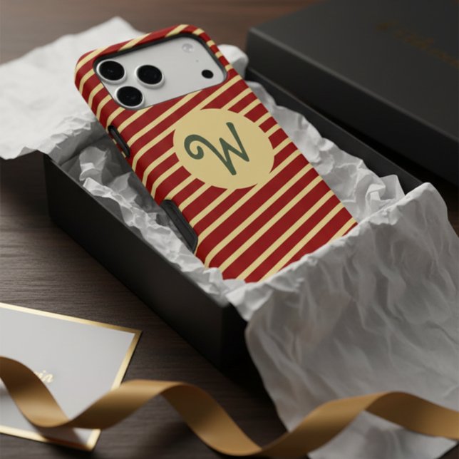 Luxury Red and Gold Stripes Personalized Monogram Case-Mate iPhone Case (Creator Uploaded)