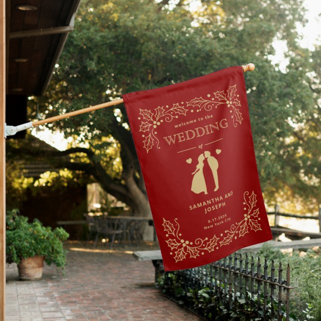 Luxury Red & Antique-Gold Wedding Banner Flag (In SItu)