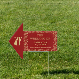 Luxury Red & Antique-Gold Wedding Directional Sign