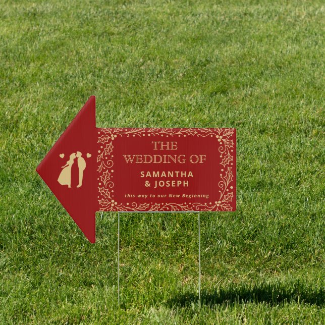 Luxury Red & Antique-Gold Wedding Directional Sign (Insitu)