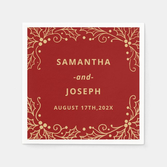 Luxury Red & Antique-Gold Wedding Napkins (Front)