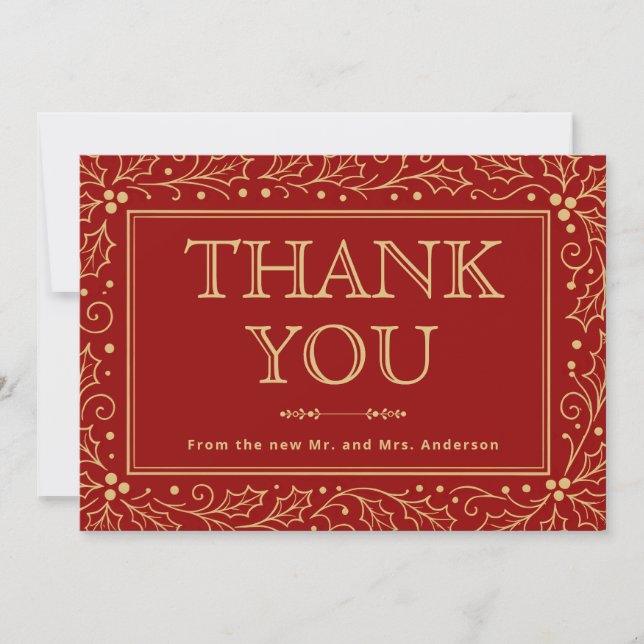 Luxury Red & Antique-Gold Wedding Thank You Card (Front)