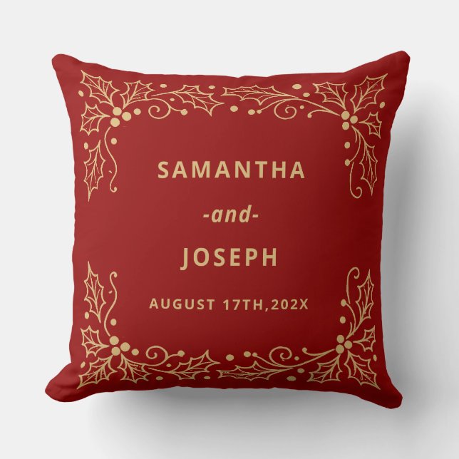 Luxury Red & Antique-Gold Wedding Throw Pillow (Front)