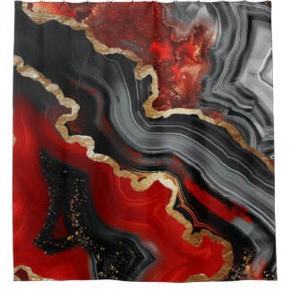 Luxury Red Black Agate Gold Glitter Marble Shower Curtain