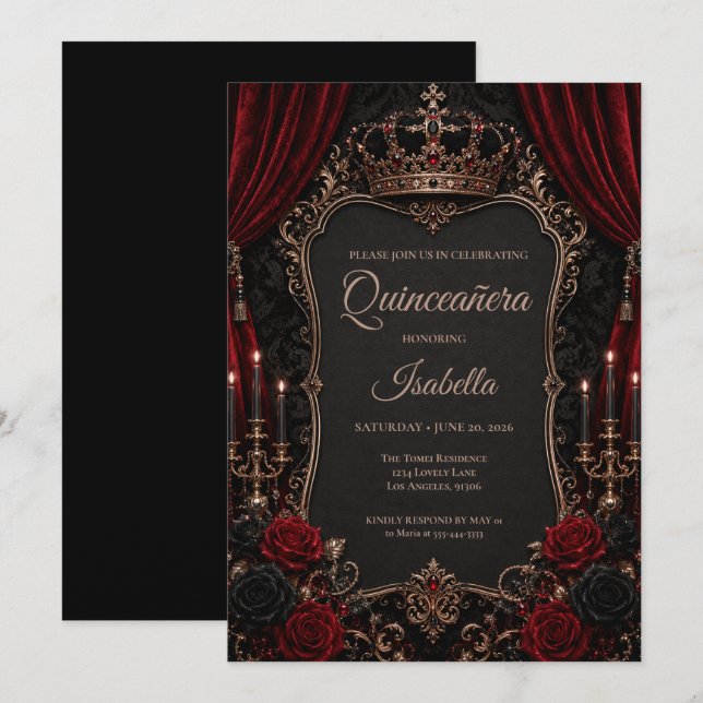 Luxury Red & Black Quinceañera Invitation (Front/Back)