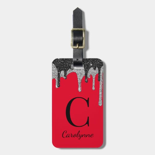 Luxury Red Black Silver Glitter Drips Monogram Luggage Tag