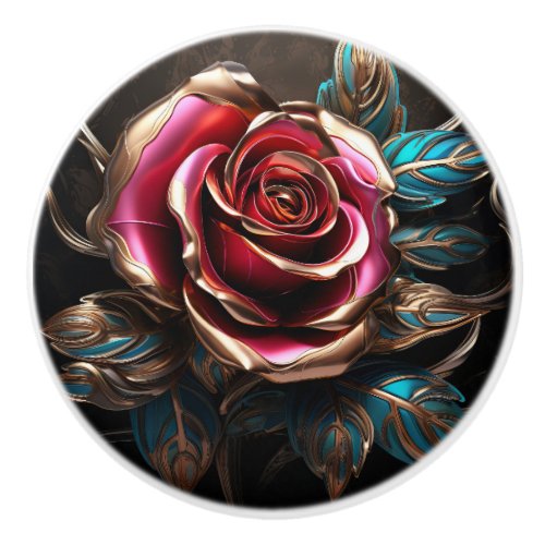 Luxury Red Blue Gold Rose 3D Effect Decor Print Ceramic Knob