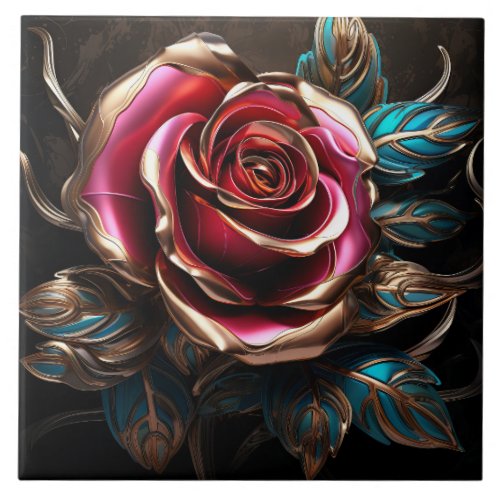 Luxury Red Blue Gold Rose 3D Effect Decor Print Ceramic Tile