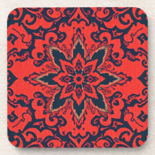 Luxury Red Blue Ornate Persian Medallion Pattern Beverage Coaster