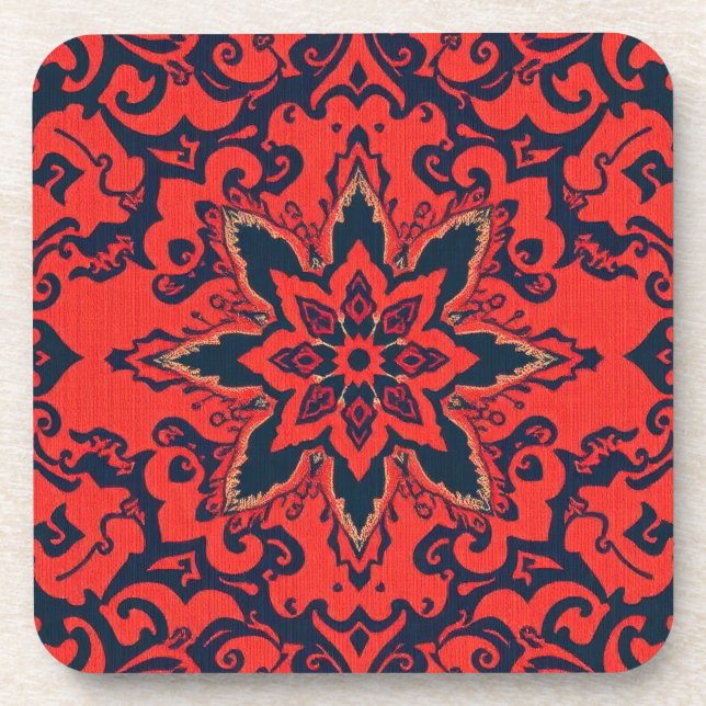 Luxury Red Blue Ornate Persian Medallion Pattern Beverage Coaster (Front)