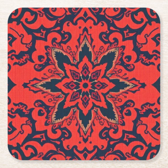 Luxury Red Blue Ornate Persian Medallion Pattern Square Paper Coaster (Front)
