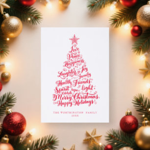 Luxury Red Calligraphy Christmas Tree Letterpress Photo Cards