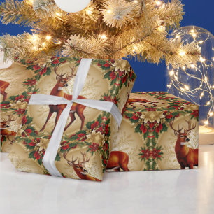 Luxury Red Deer Moose Gold Snow merry Xmas Pattern Wrapping Paper