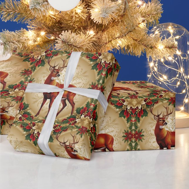 Luxury Red Deer Moose Gold Snow merry Xmas Pattern Wrapping Paper (Holidays)