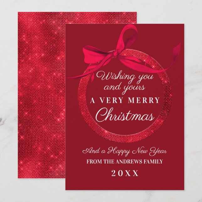 Luxury Red Glitter Bow Ornament Christmas Holiday Card (Front/Back)
